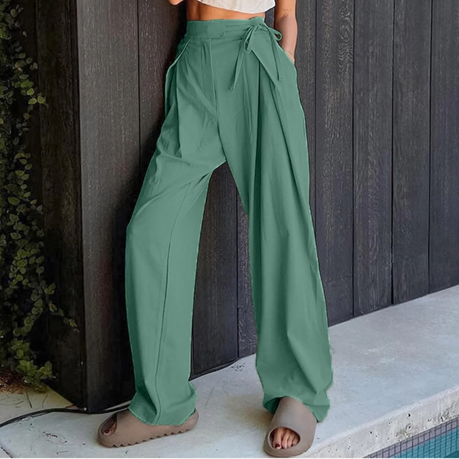 Womens Linen Pants Straight Leg High Waist Linen Pants Women Summer Dressy Drawstring Wide Leg Flowy Pants Trousers