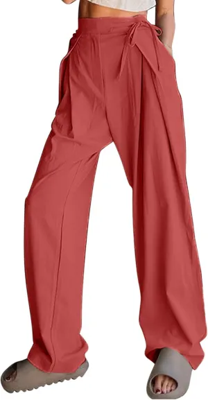 Womens Linen Pants Straight Leg High Waist Linen Pants Women Summer Dressy Drawstring Wide Leg Flowy Pants Trousers