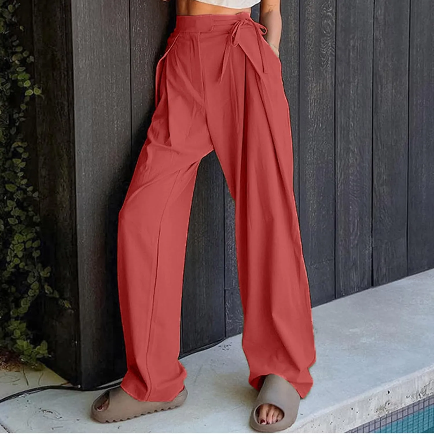 Womens Linen Pants Straight Leg High Waist Linen Pants Women Summer Dressy Drawstring Wide Leg Flowy Pants Trousers