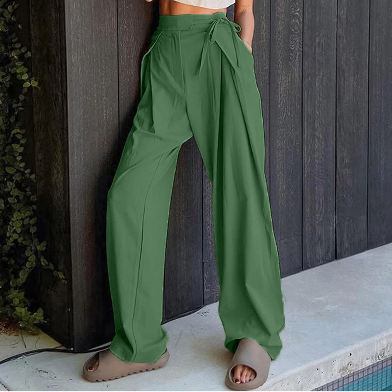 Womens Linen Pants Straight Leg High Waist Linen Pants Women Summer Dressy Drawstring Wide Leg Flowy Pants Trousers