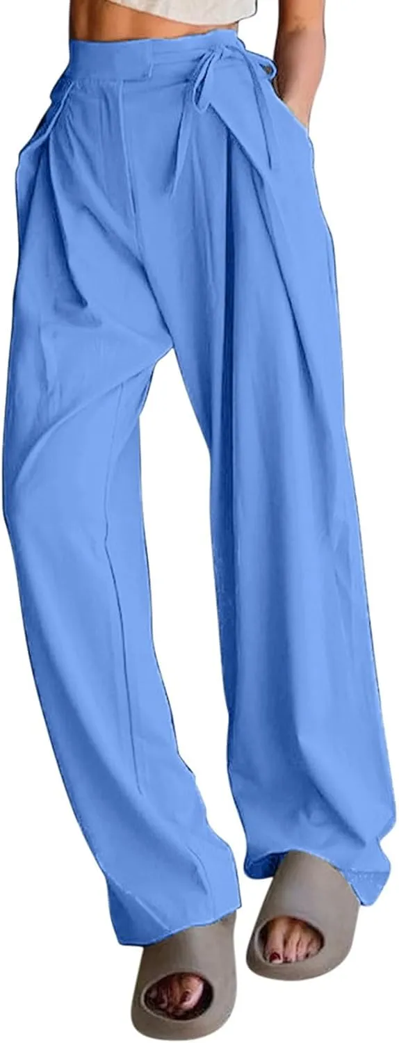 Womens Linen Pants Straight Leg High Waist Linen Pants Women Summer Dressy Drawstring Wide Leg Flowy Pants Trousers