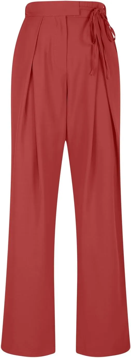 Womens Linen Pants Straight Leg High Waist Linen Pants Women Summer Dressy Drawstring Wide Leg Flowy Pants Trousers