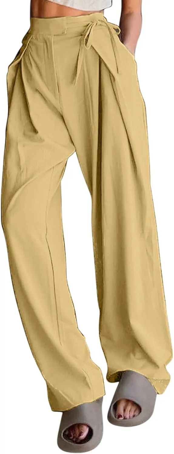 Womens Linen Pants Straight Leg High Waist Linen Pants Women Summer Dressy Drawstring Wide Leg Flowy Pants Trousers