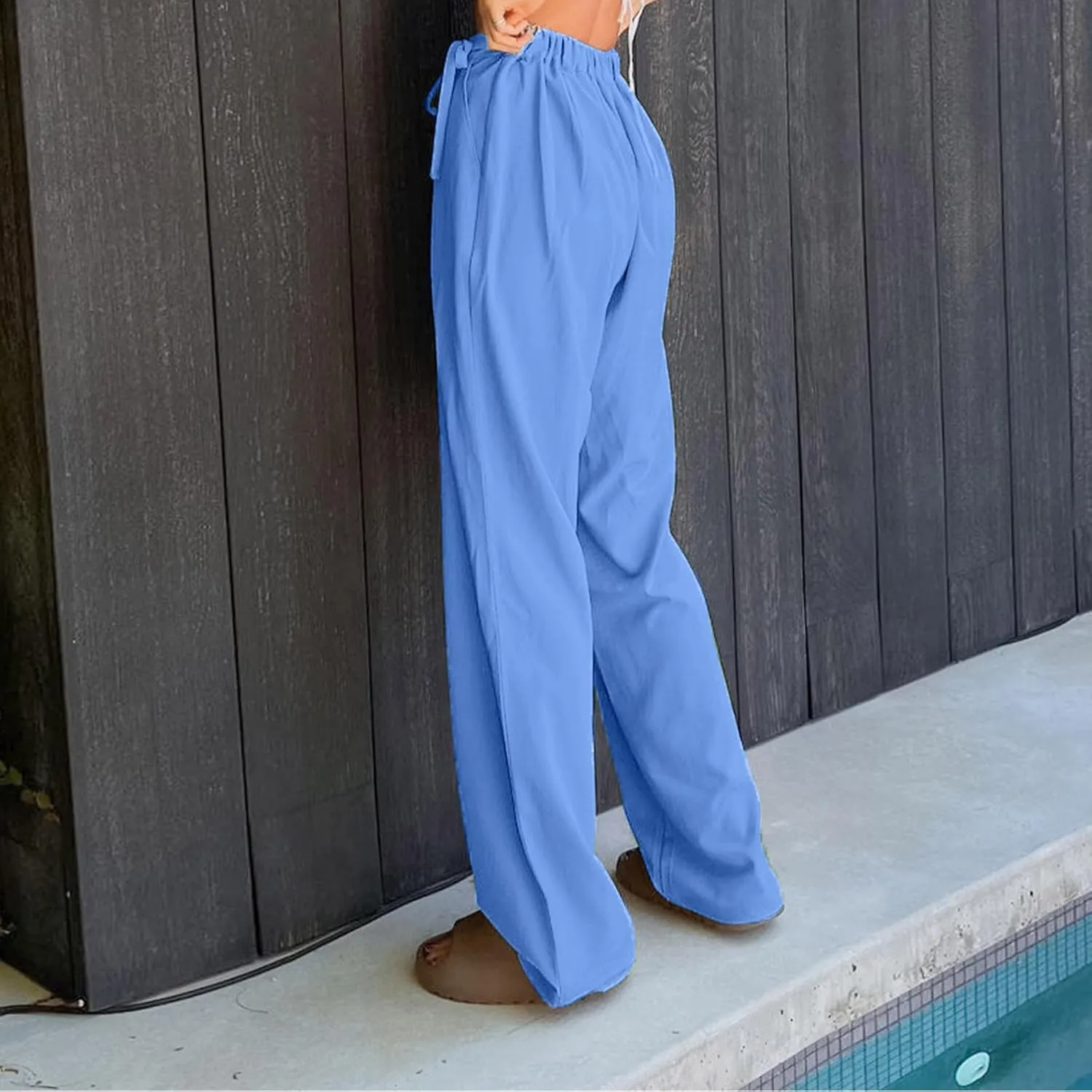 Womens Linen Pants Straight Leg High Waist Linen Pants Women Summer Dressy Drawstring Wide Leg Flowy Pants Trousers