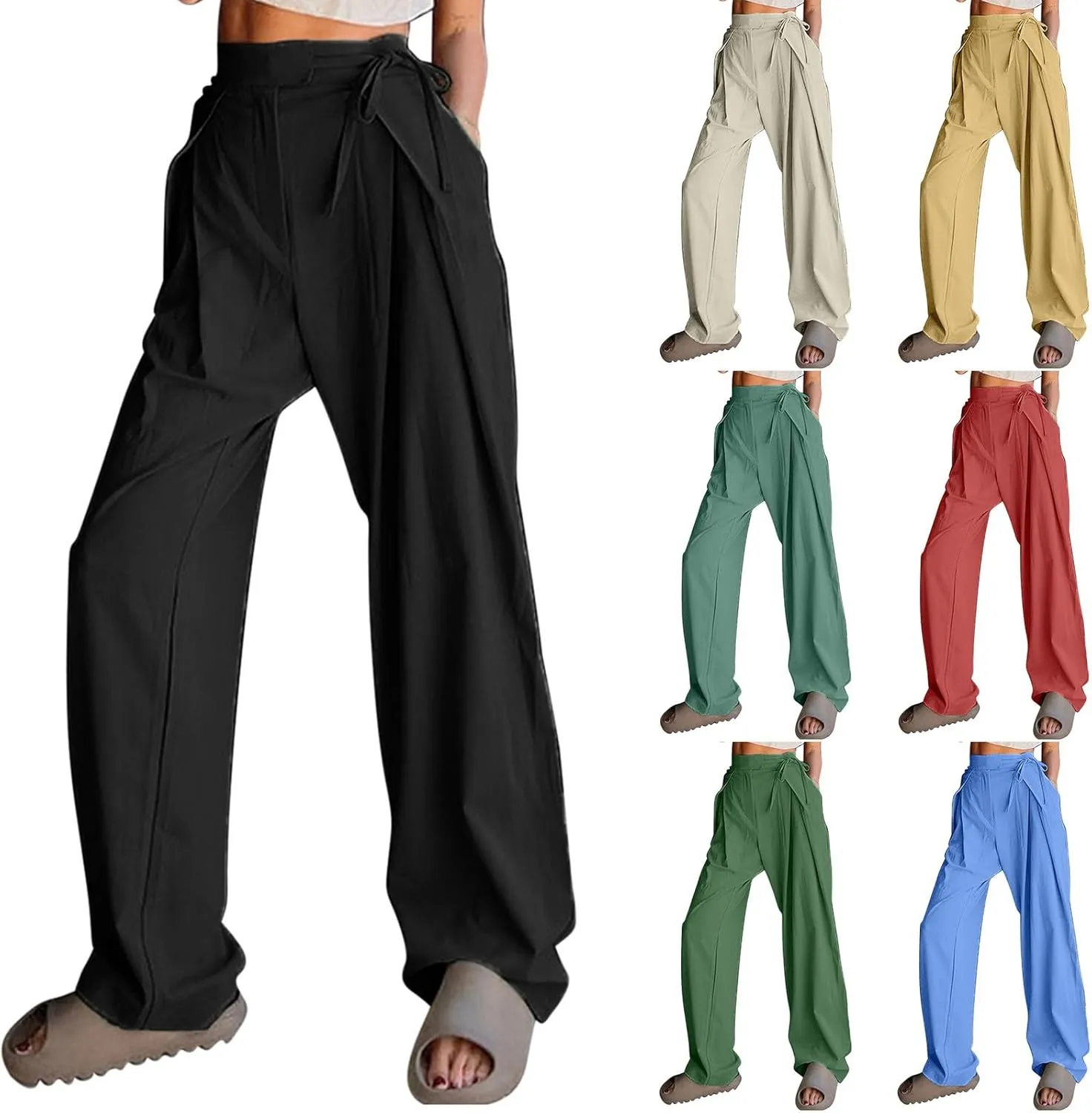 Womens Linen Pants Straight Leg High Waist Linen Pants Women Summer Dressy Drawstring Wide Leg Flowy Pants Trousers