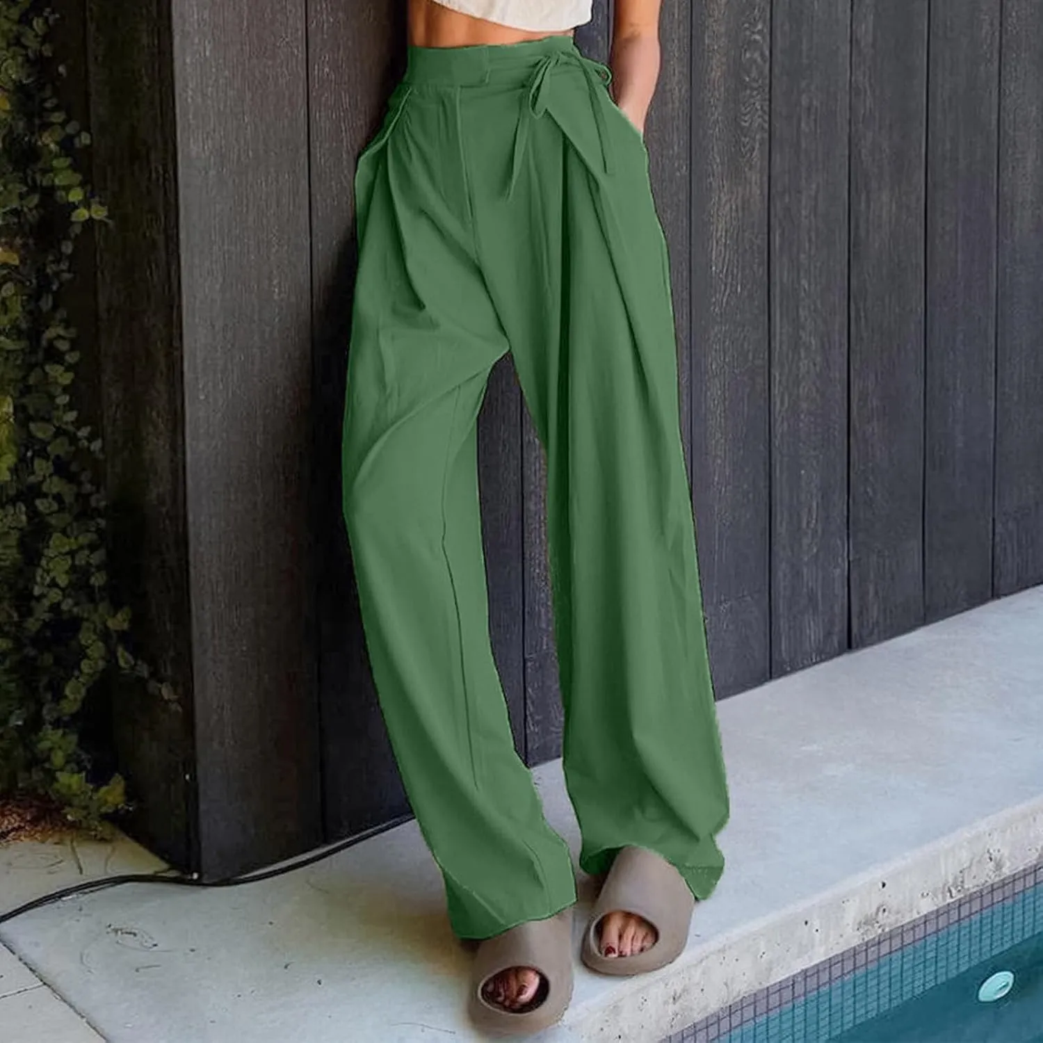 Womens Linen Pants Straight Leg High Waist Linen Pants Women Summer Dressy Drawstring Wide Leg Flowy Pants Trousers