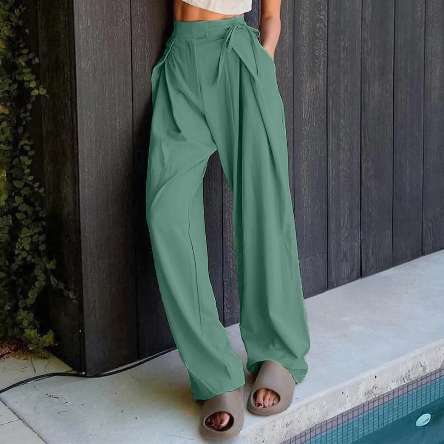 Womens Linen Pants Straight Leg High Waist Linen Pants Women Summer Dressy Drawstring Wide Leg Flowy Pants Trousers