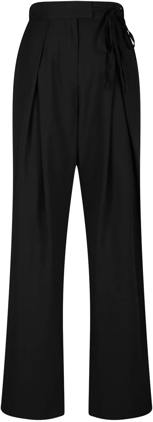 Womens Linen Pants Straight Leg High Waist Linen Pants Women Summer Dressy Drawstring Wide Leg Flowy Pants Trousers