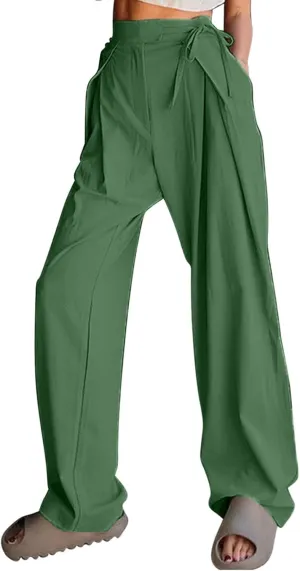Womens Linen Pants Straight Leg High Waist Linen Pants Women Summer Dressy Drawstring Wide Leg Flowy Pants Trousers