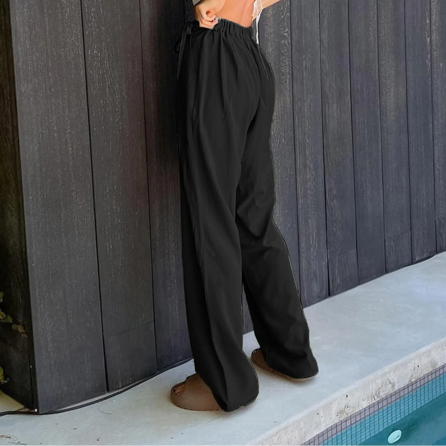 Womens Linen Pants Straight Leg High Waist Linen Pants Women Summer Dressy Drawstring Wide Leg Flowy Pants Trousers