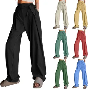 Womens Linen Pants Straight Leg High Waist Linen Pants Women Summer Dressy Drawstring Wide Leg Flowy Pants Trousers