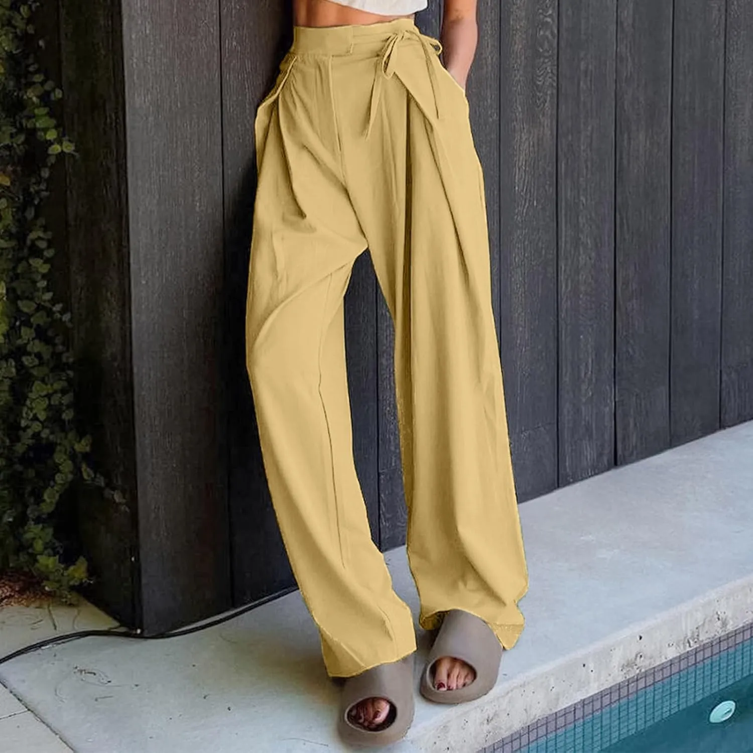 Womens Linen Pants Straight Leg High Waist Linen Pants Women Summer Dressy Drawstring Wide Leg Flowy Pants Trousers