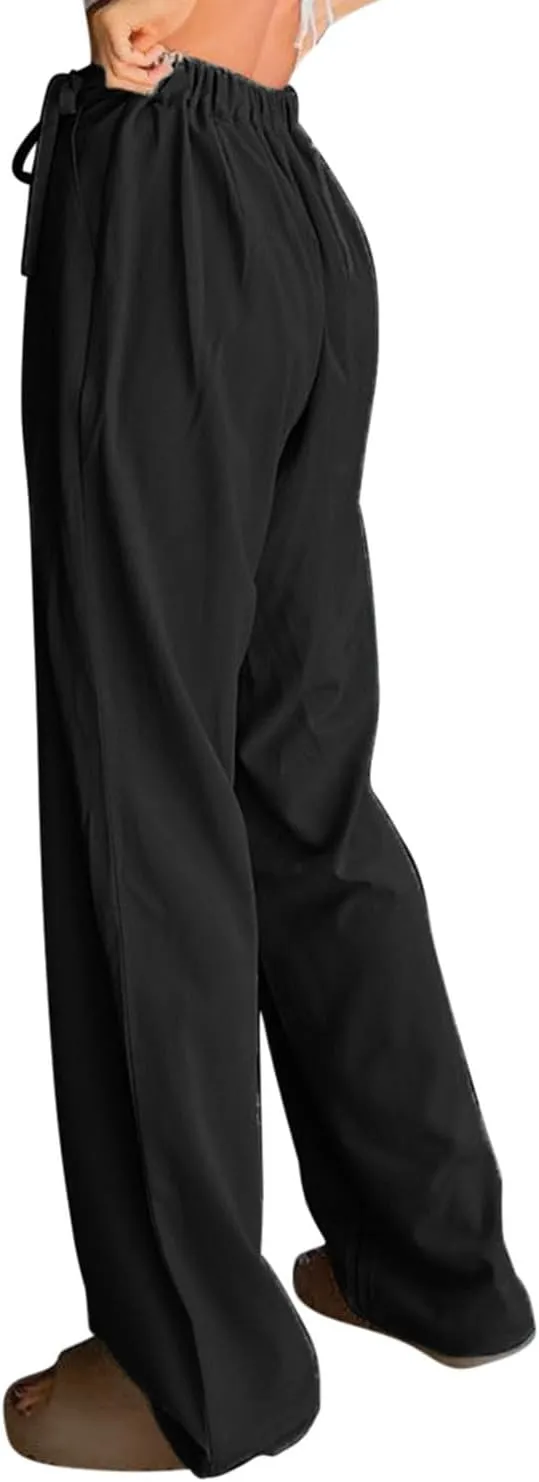 Womens Linen Pants Straight Leg High Waist Linen Pants Women Summer Dressy Drawstring Wide Leg Flowy Pants Trousers