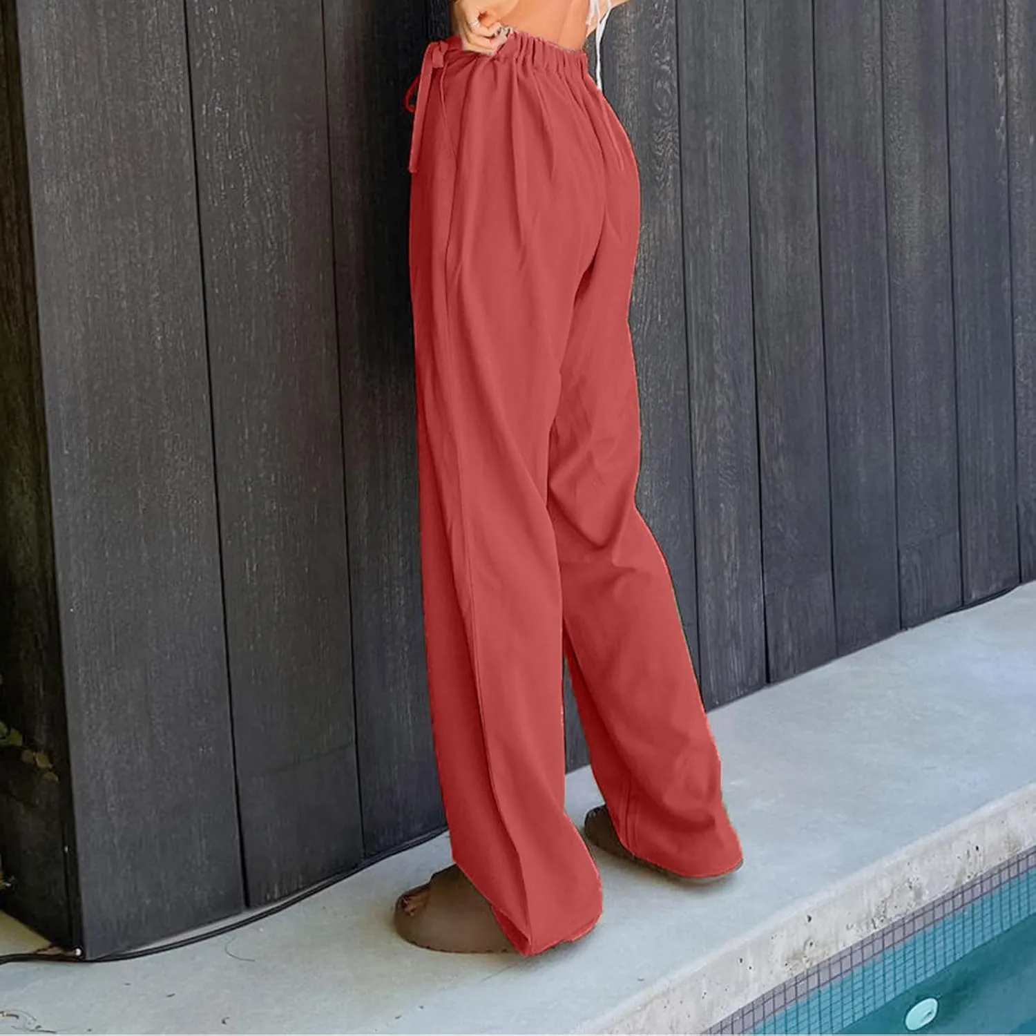 Womens Linen Pants Straight Leg High Waist Linen Pants Women Summer Dressy Drawstring Wide Leg Flowy Pants Trousers