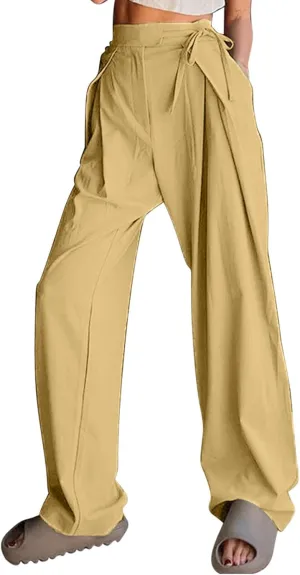 Womens Linen Pants Straight Leg High Waist Linen Pants Women Summer Dressy Drawstring Wide Leg Flowy Pants Trousers