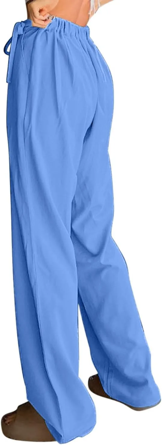 Womens Linen Pants Straight Leg High Waist Linen Pants Women Summer Dressy Drawstring Wide Leg Flowy Pants Trousers