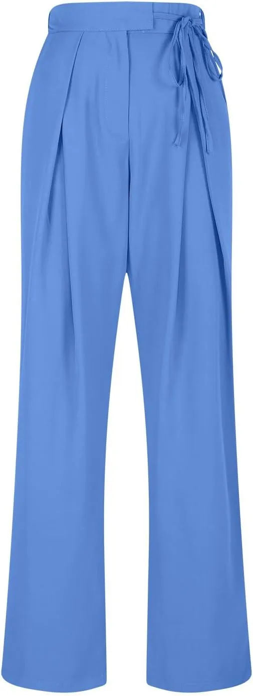 Womens Linen Pants Straight Leg High Waist Linen Pants Women Summer Dressy Drawstring Wide Leg Flowy Pants Trousers