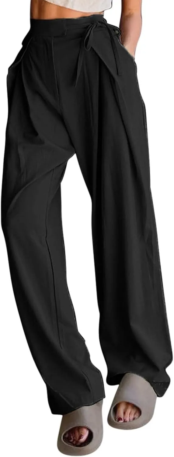 Womens Linen Pants Straight Leg High Waist Linen Pants Women Summer Dressy Drawstring Wide Leg Flowy Pants Trousers