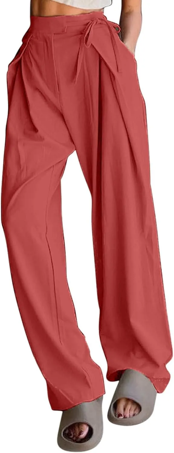 Womens Linen Pants Straight Leg High Waist Linen Pants Women Summer Dressy Drawstring Wide Leg Flowy Pants Trousers