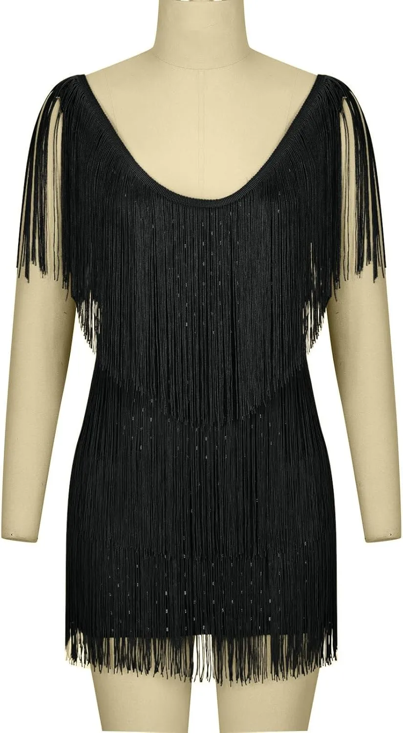 Women's Novelty Dress Fringe V Neck Dresses Sexy Sleeveless Fashion Party Outfits Performance Off Shoulder Dress