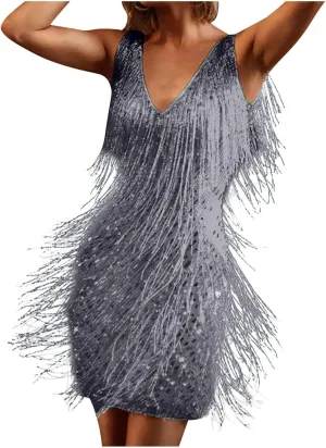 Women's Novelty Dress Fringe V Neck Dresses Sexy Sleeveless Fashion Party Outfits Performance Off Shoulder Dress