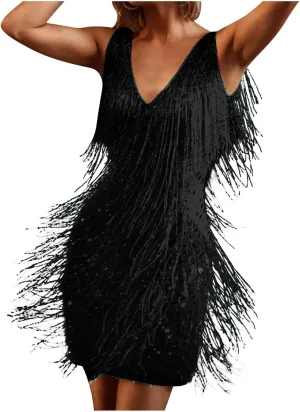 Women's Novelty Dress Fringe V Neck Dresses Sexy Sleeveless Fashion Party Outfits Performance Off Shoulder Dress