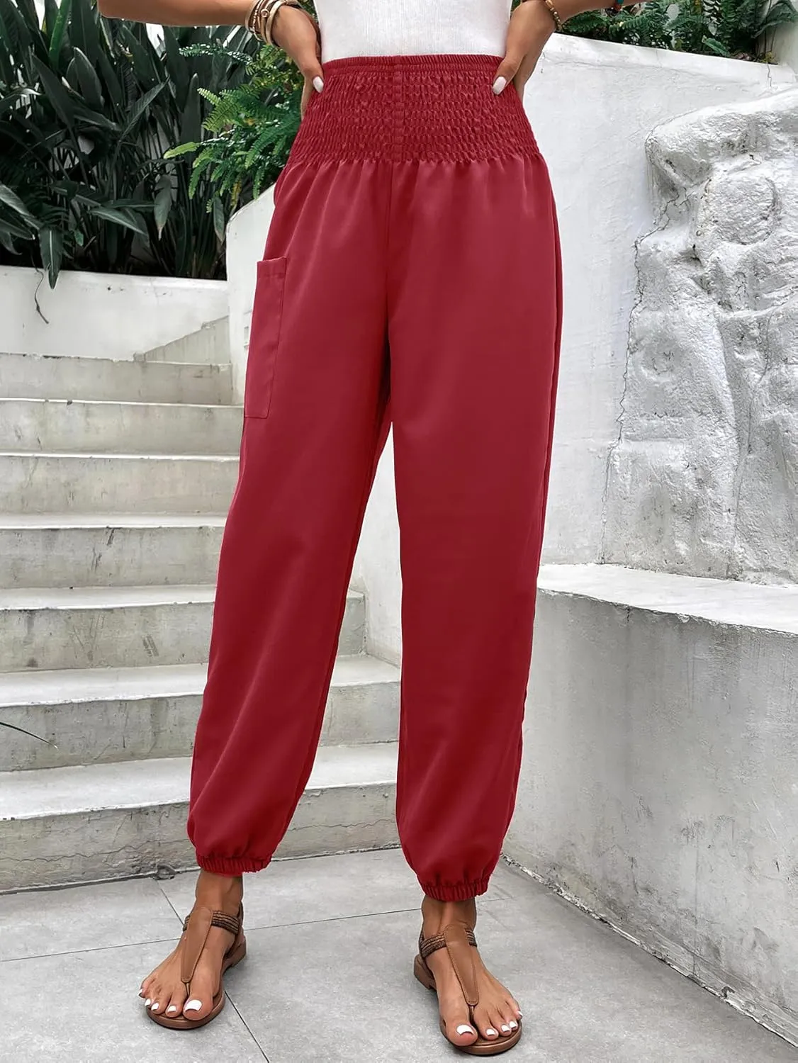 Women's Pleated Elastic High Waist Harem Pants Boho Beach Loose Trousers Harem Hippie Palazzo Pants