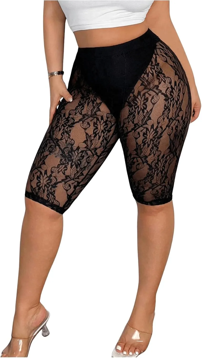 Women's Plus Size Floral Lace High Waisted Shorts Sheer Mesh Casual Leggings