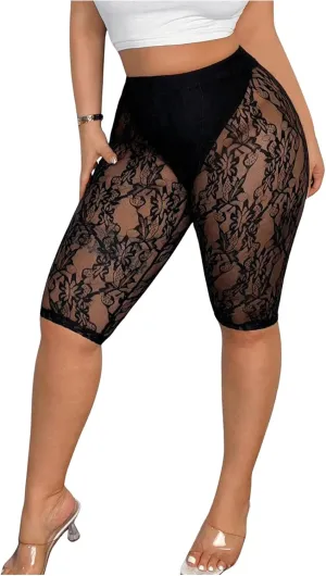 Women's Plus Size Floral Lace High Waisted Shorts Sheer Mesh Casual Leggings
