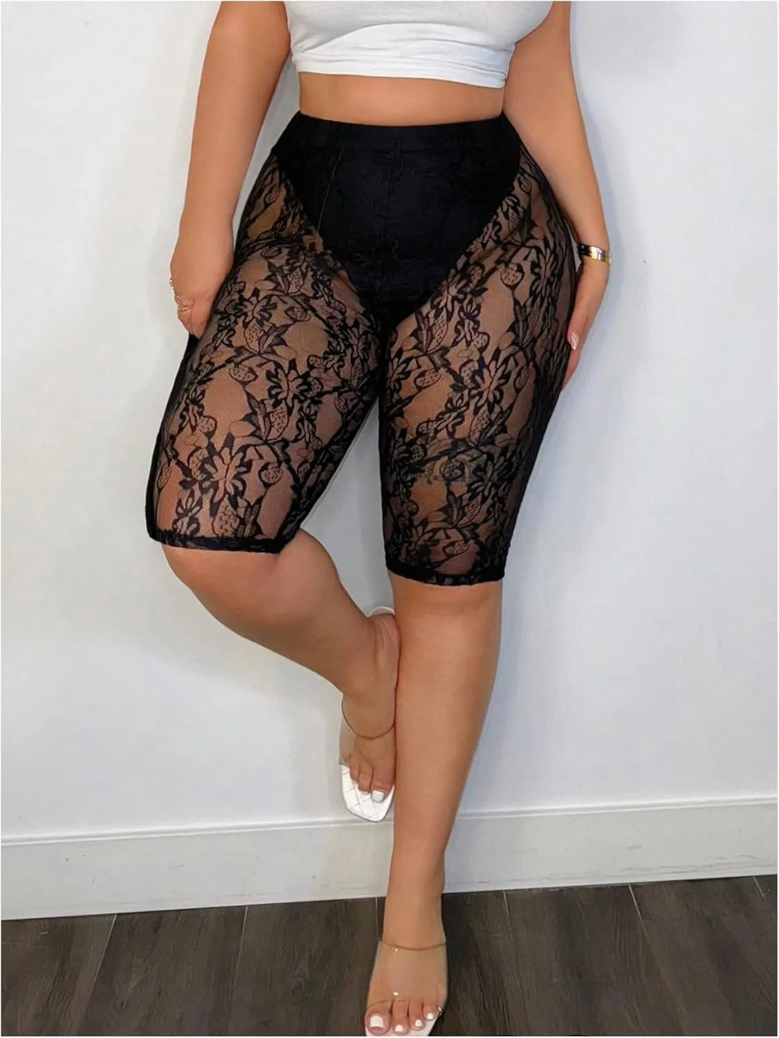 Women's Plus Size Floral Lace High Waisted Shorts Sheer Mesh Casual Leggings