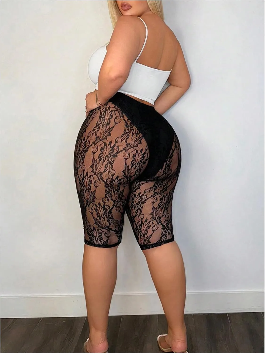Women's Plus Size Floral Lace High Waisted Shorts Sheer Mesh Casual Leggings