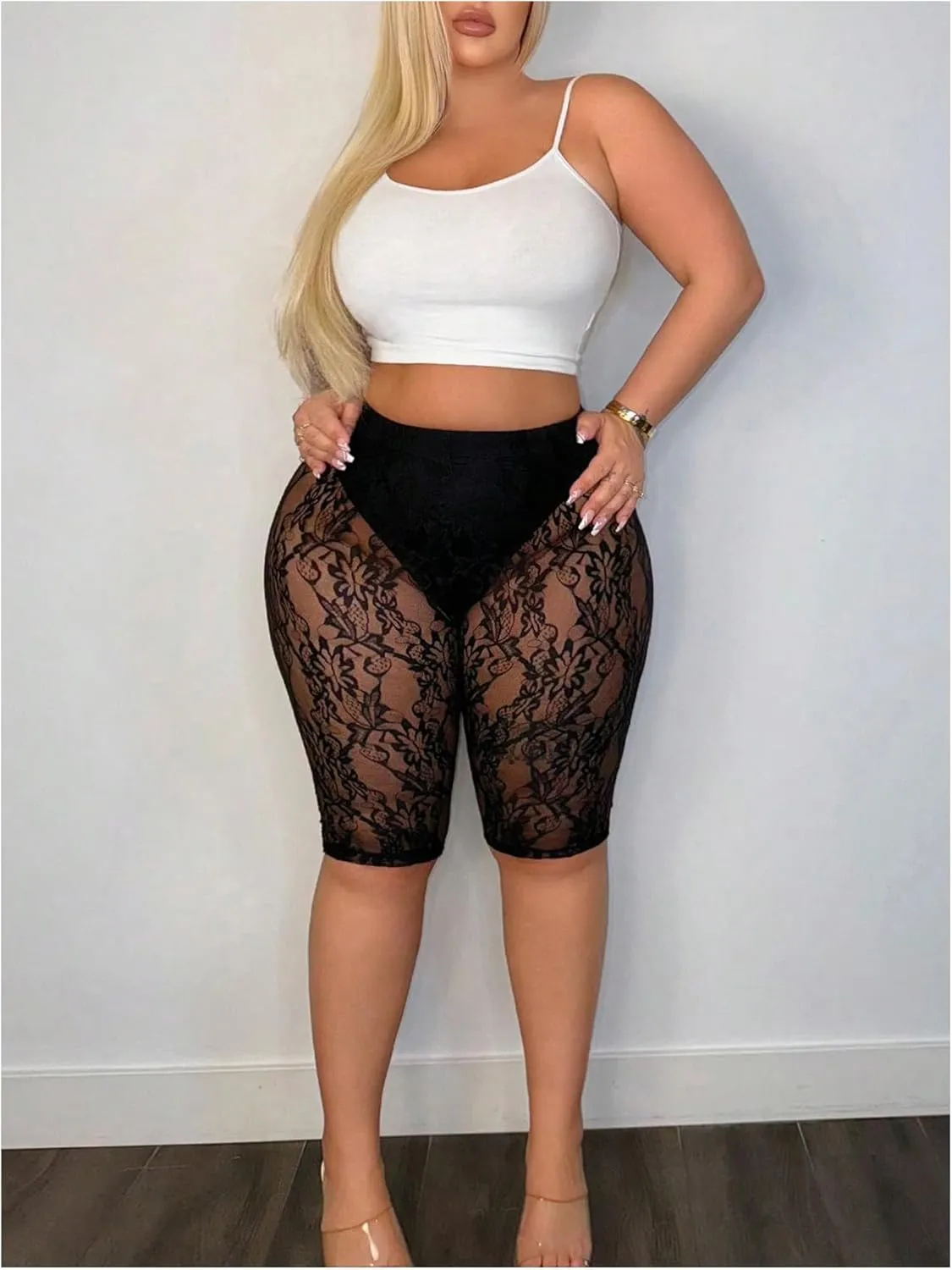 Women's Plus Size Floral Lace High Waisted Shorts Sheer Mesh Casual Leggings