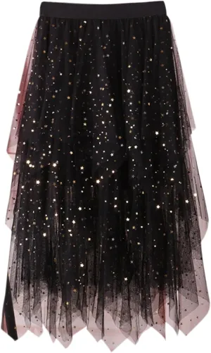 Womens Skirts Midi Elastic High Waist Pleated Mesh Flowy A-Line Fairy Elastic Party Long Tutu Skirts