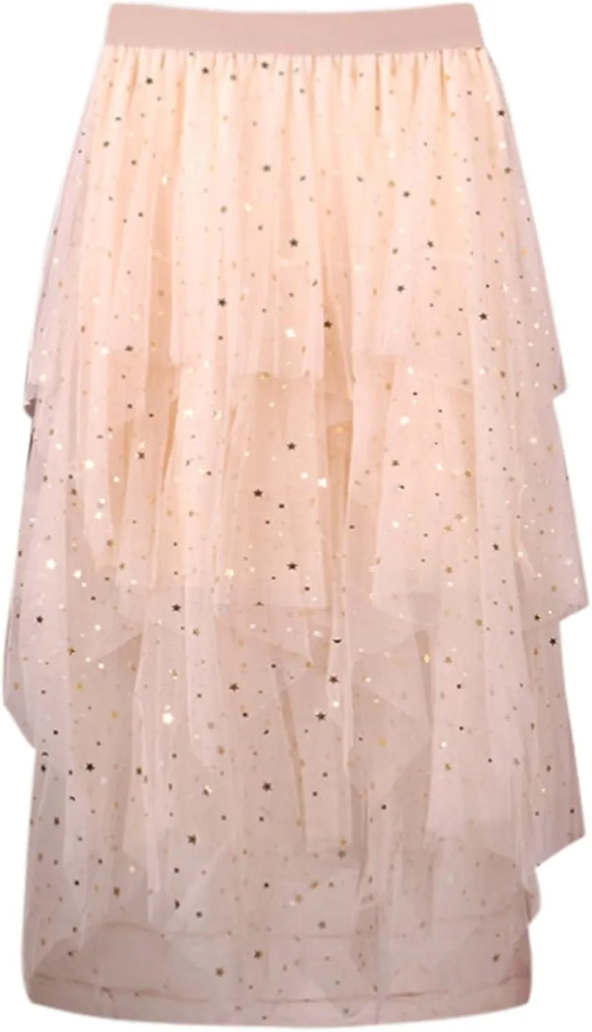 Womens Skirts Midi Elastic High Waist Pleated Mesh Flowy A-Line Fairy Elastic Party Long Tutu Skirts