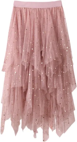 Womens Skirts Midi Elastic High Waist Pleated Mesh Flowy A-Line Fairy Elastic Party Long Tutu Skirts