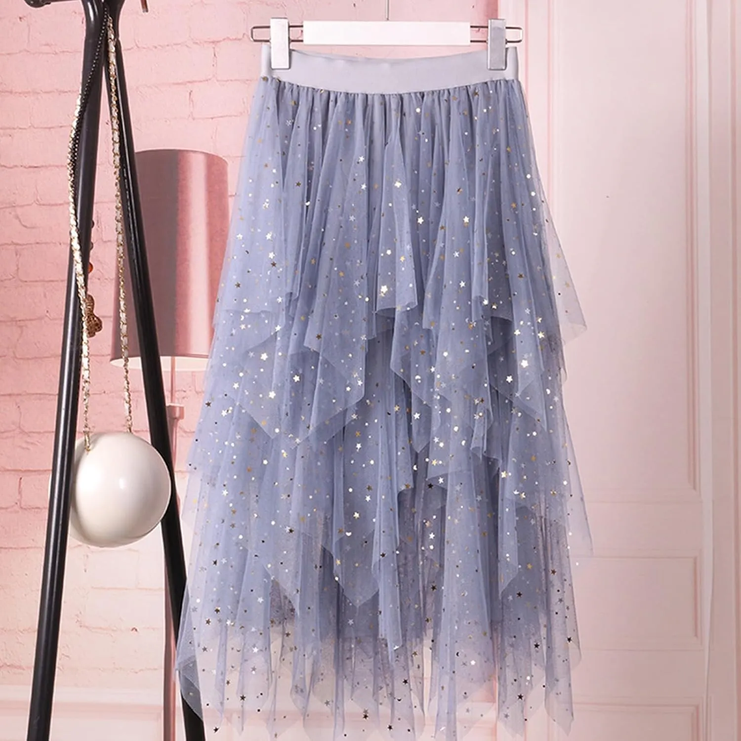 Womens Skirts Midi Elastic High Waist Pleated Mesh Flowy A-Line Fairy Elastic Party Long Tutu Skirts