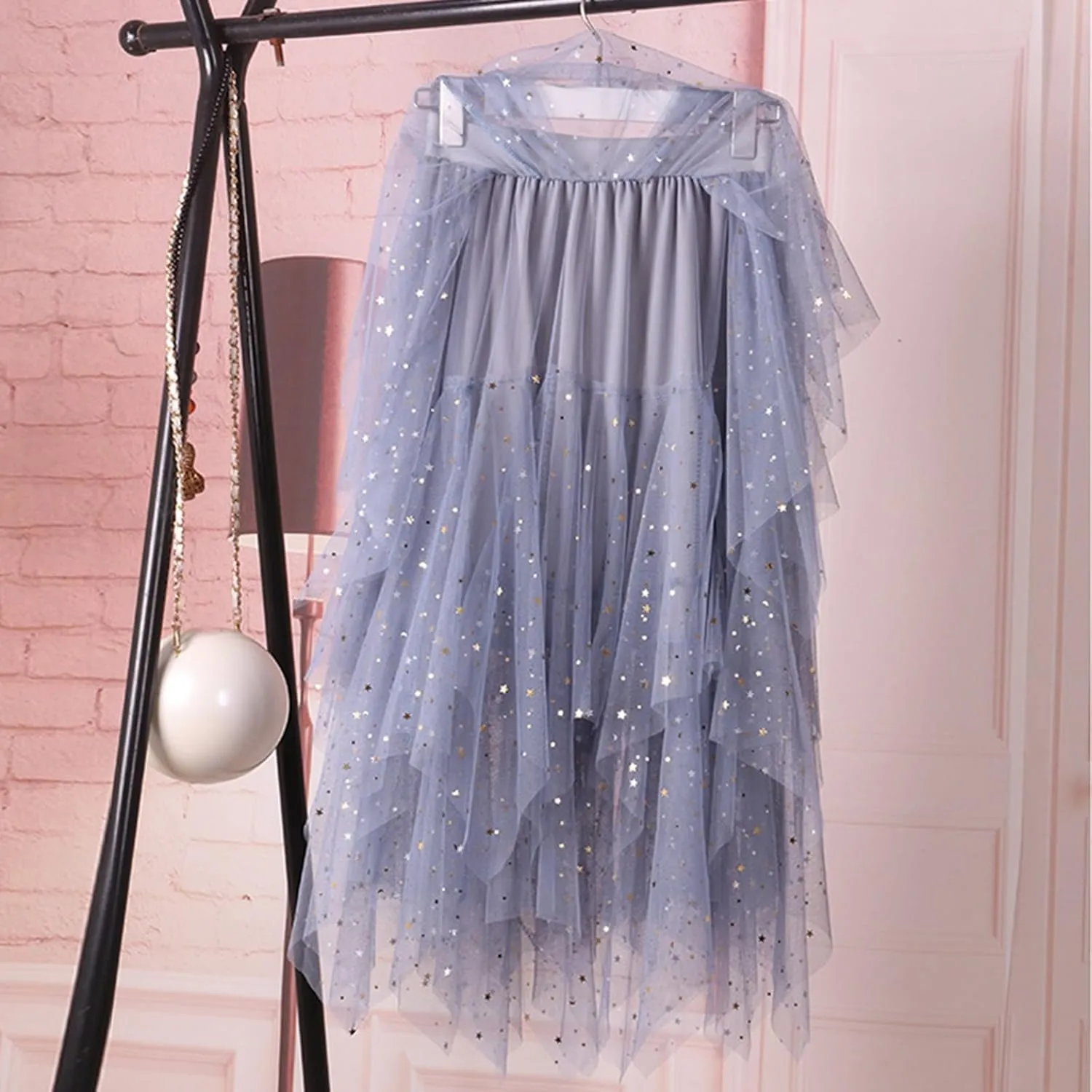 Womens Skirts Midi Elastic High Waist Pleated Mesh Flowy A-Line Fairy Elastic Party Long Tutu Skirts