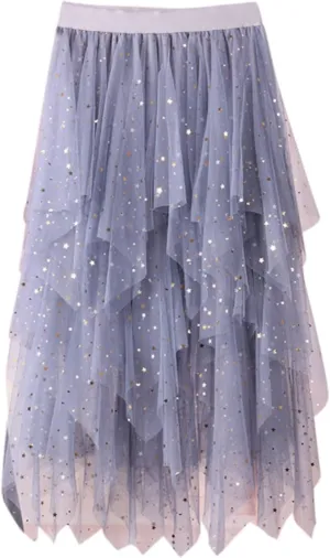 Womens Skirts Midi Elastic High Waist Pleated Mesh Flowy A-Line Fairy Elastic Party Long Tutu Skirts