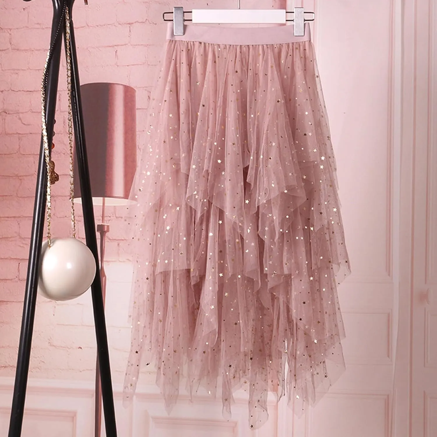 Womens Skirts Midi Elastic High Waist Pleated Mesh Flowy A-Line Fairy Elastic Party Long Tutu Skirts