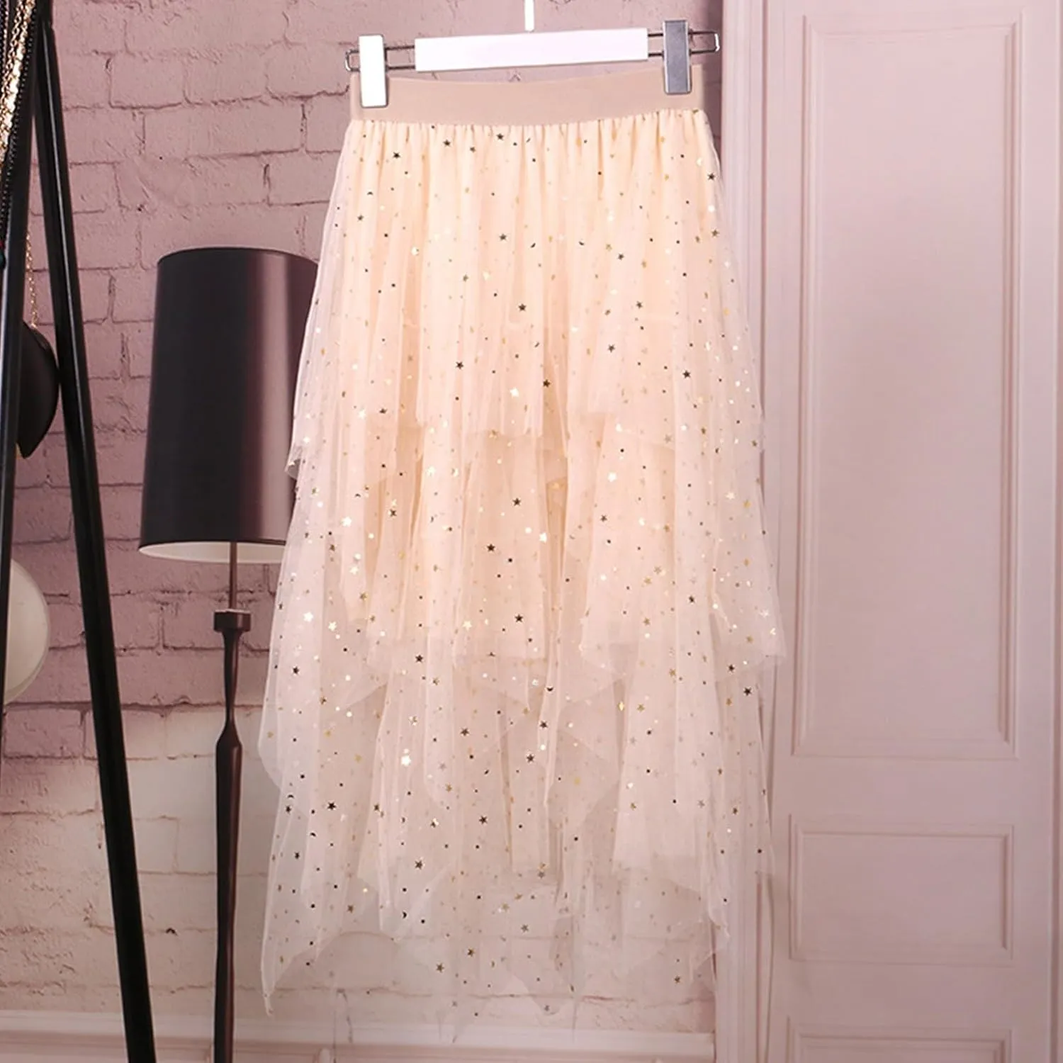 Womens Skirts Midi Elastic High Waist Pleated Mesh Flowy A-Line Fairy Elastic Party Long Tutu Skirts