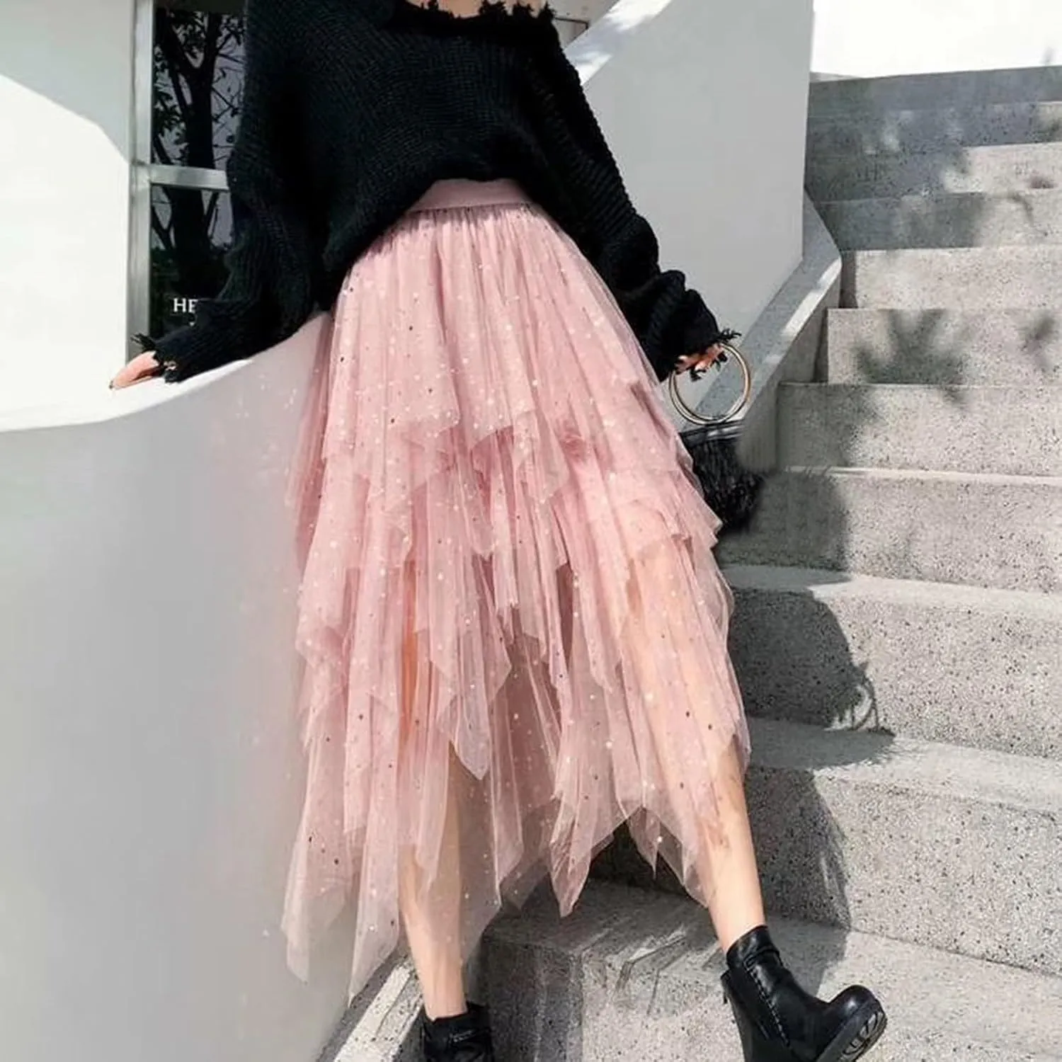 Womens Skirts Midi Elastic High Waist Pleated Mesh Flowy A-Line Fairy Elastic Party Long Tutu Skirts