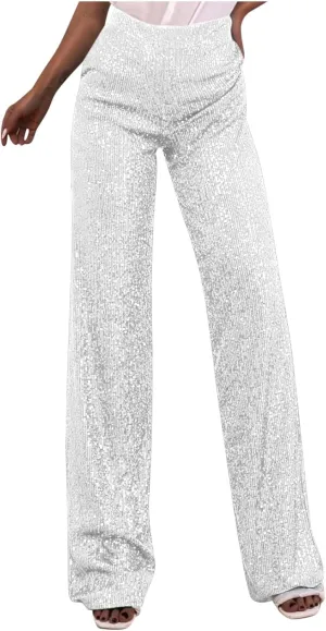 Women's Sparkle Sequin Wide Leg Pants High Waist Shiny Party Clubwear Bling Glitter Trousers Loose Flare Bottom Pants