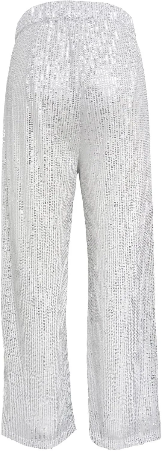 Women's Sparkle Sequin Wide Leg Pants High Waist Shiny Party Clubwear Bling Glitter Trousers Loose Flare Bottom Pants