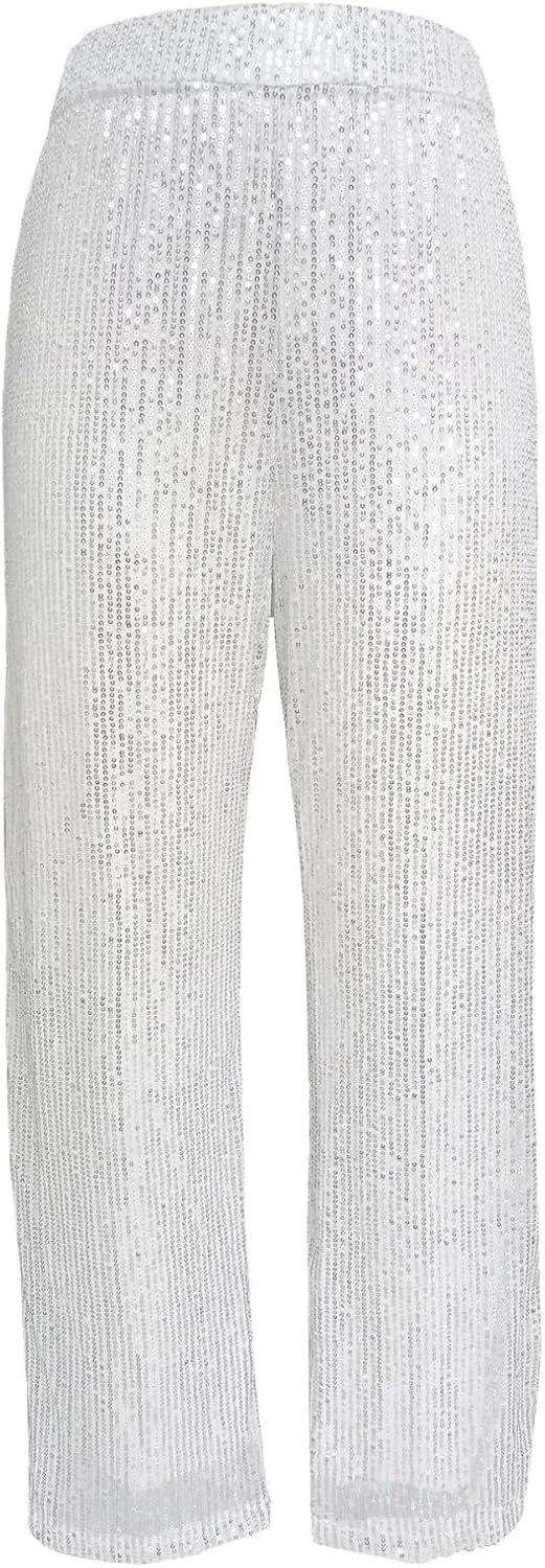 Women's Sparkle Sequin Wide Leg Pants High Waist Shiny Party Clubwear Bling Glitter Trousers Loose Flare Bottom Pants