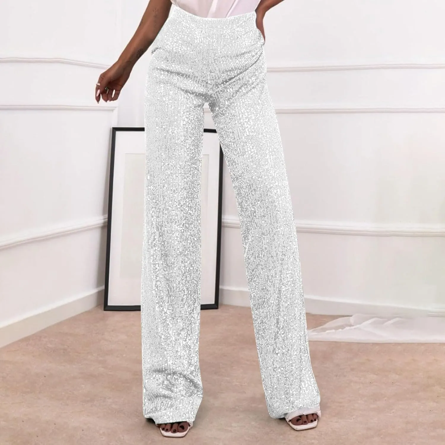 Women's Sparkle Sequin Wide Leg Pants High Waist Shiny Party Clubwear Bling Glitter Trousers Loose Flare Bottom Pants