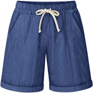 Women's Summer Casual Elastic Waist Drawstring Bermuda Shorts with Pockets