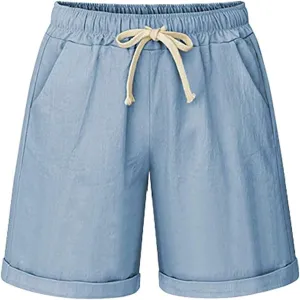 Women's Summer Casual Elastic Waist Drawstring Bermuda Shorts with Pockets