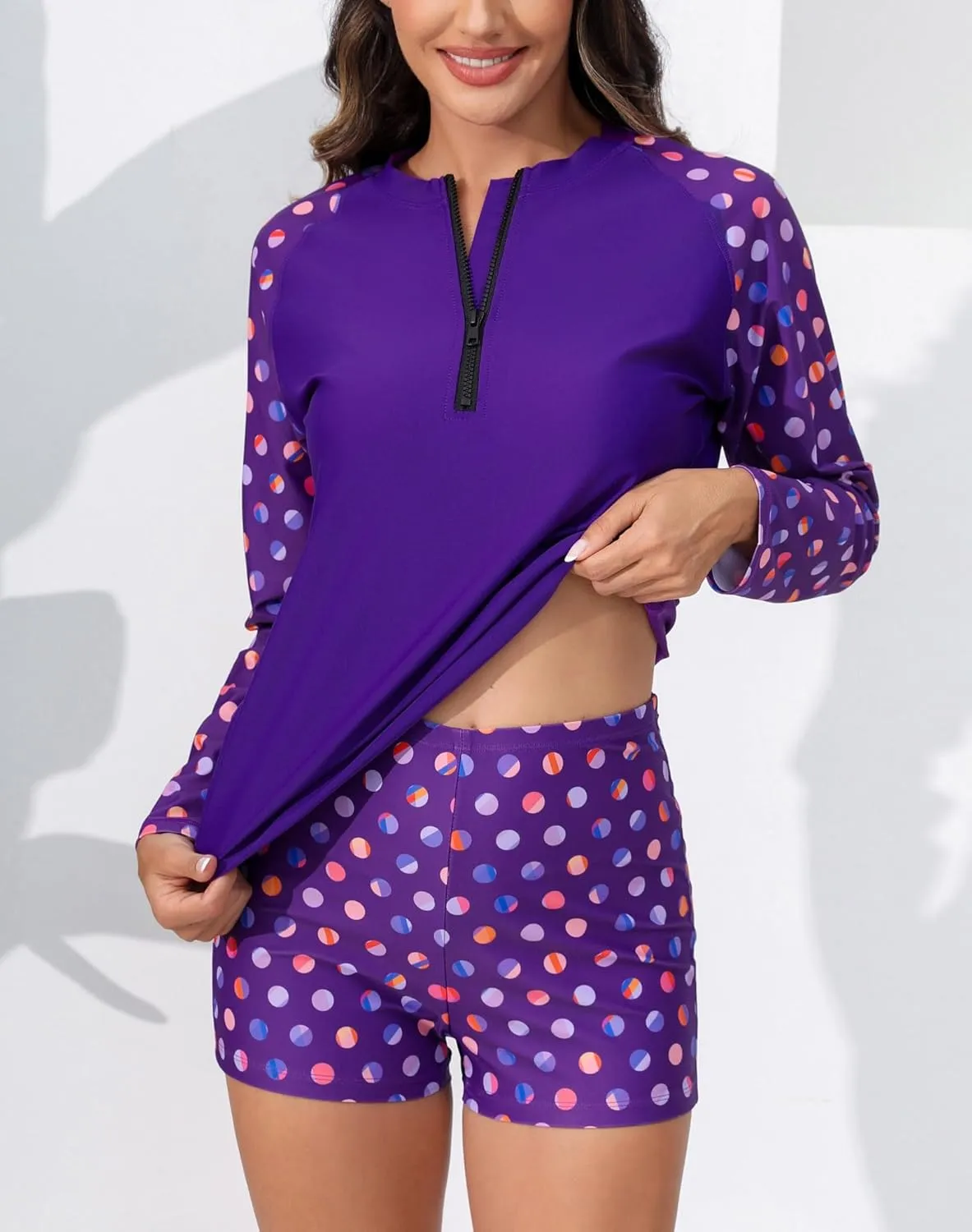 Womens Two Piece Plus Size Long Sleeve Rash Guard Sets Half Zip Swim Shirts Top and Shorts UPF50  Swimsuit