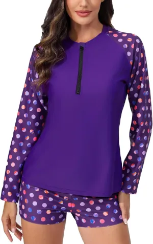 Womens Two Piece Plus Size Long Sleeve Rash Guard Sets Half Zip Swim Shirts Top and Shorts UPF50  Swimsuit