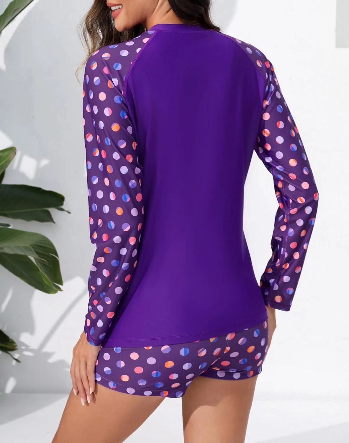 Womens Two Piece Plus Size Long Sleeve Rash Guard Sets Half Zip Swim Shirts Top and Shorts UPF50  Swimsuit